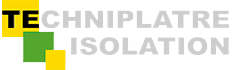 Logo TECHPLÂTRE ISOLATION avec un fond vert foncé, lettres grises et blocs graphiques jaunes et verts.